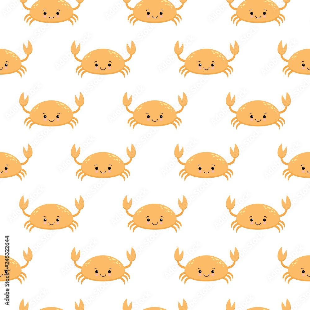 Obraz premium Seamless pattern with cute cartoon crabs on white background. Kawaii animal