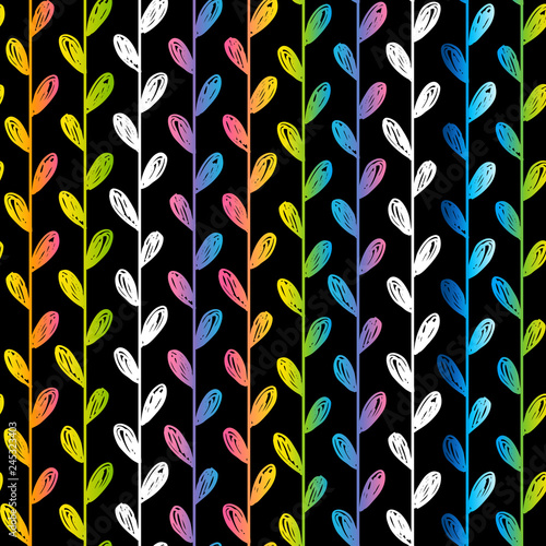 Seamless pattern with rainbow herbal silhouettes on black background