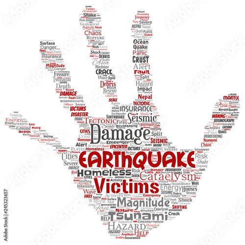 Vector conceptual earthquake activity hand print stamp word cloud isolated background. Collage of natural seismic tectonic crust tremble, violent tsunami waves risk, tectonic plates shifting concept