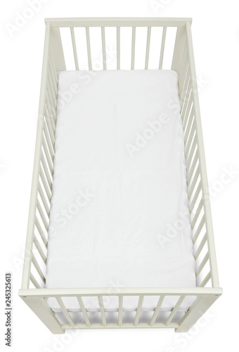 White wooden baby crib on white background