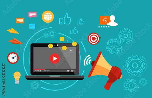 Video marketing. Video monetization. Speaker. Vector illustration