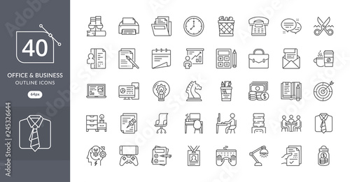 Business office icon set. Set of Business Office Related Vector Line Icons. Contains such Icons as Desk, Document, Clock, Folder, Printer, Task, money, and more. Office icons set - Vector