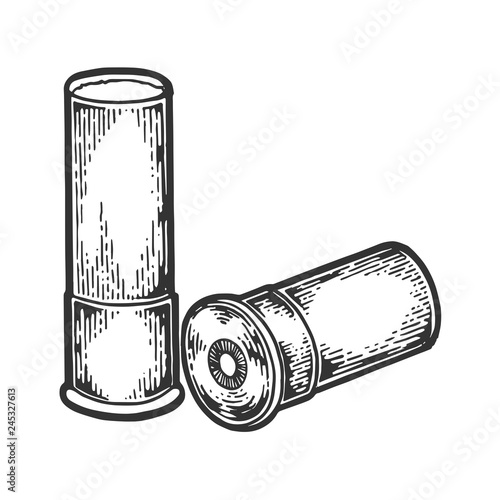 Shotgun hunting firearms cartridge engraving vector illustration. Scratch board style imitation. Black and white hand drawn image.