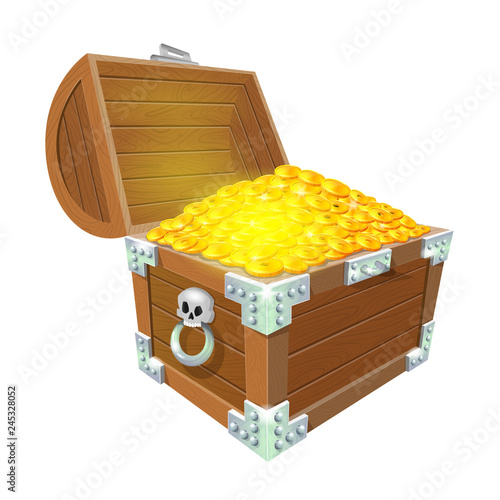 Pirates chest full of gold coins treasures. Eps10 vector illustration. Isolated on white background