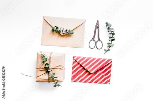 holiday concept with gift on white background top view space for text