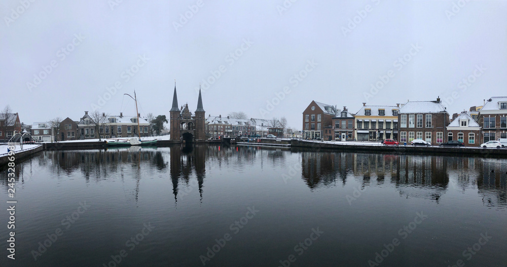 Panorama from the Watergate during winter in Sneek, The Netherlands