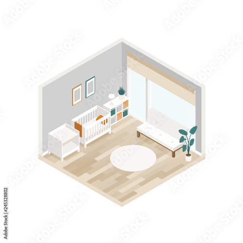 bright interior of baby room with a baby cot, changing table, sofa and potted plants. Vector illustration isilated from background
