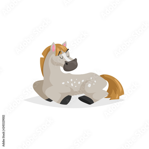 Cartoon dapple-grey horse sleep. Trendy flat design with simple gradient farm animal rest. Kid education vector illustration isolated on white background.