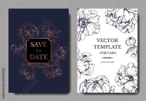 Vector Blue and golden peony botanical flower. Engraved ink art. Wedding background card floral decorative border.