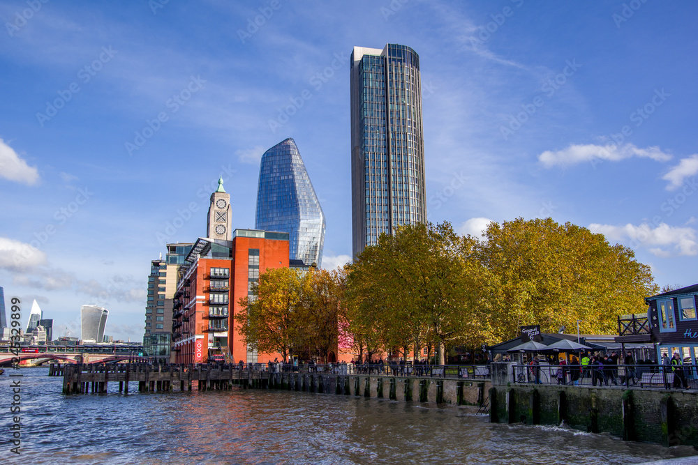 LONDON, ENGLAND - 9 NOV 2018: Landscape view of south bank district near the river Thames. London, United Kingdom.