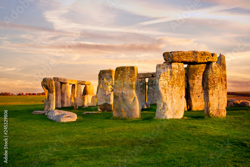 Fototapeta Close up view of Stonehenge monument. Sunset sky. United Kingdom.