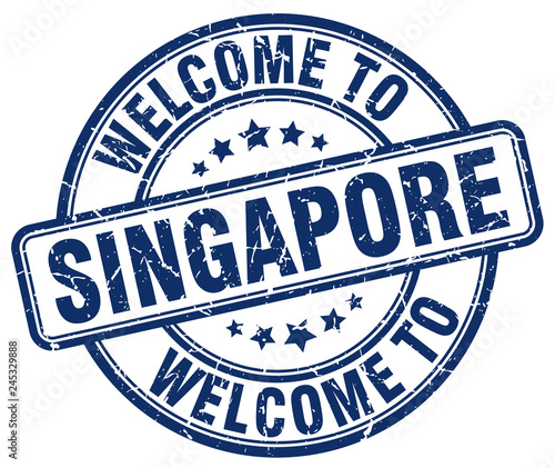 welcome to Singapore blue round vintage stamp