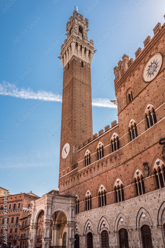 Left side of the Palazzo Comunale of Siena and Torre del Mangia