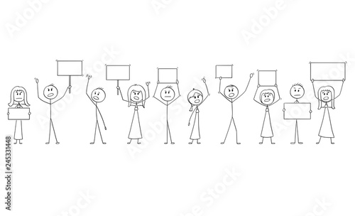 Cartoon stick figure isolated drawing or illustration of group or crowd of protesters protesting with empty signs ready for your text.