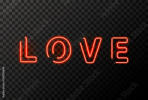 LOVE word made up from bright red neon letters on transparent
