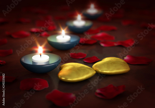 cuori d oro con petali di rosa e candele San Valentino