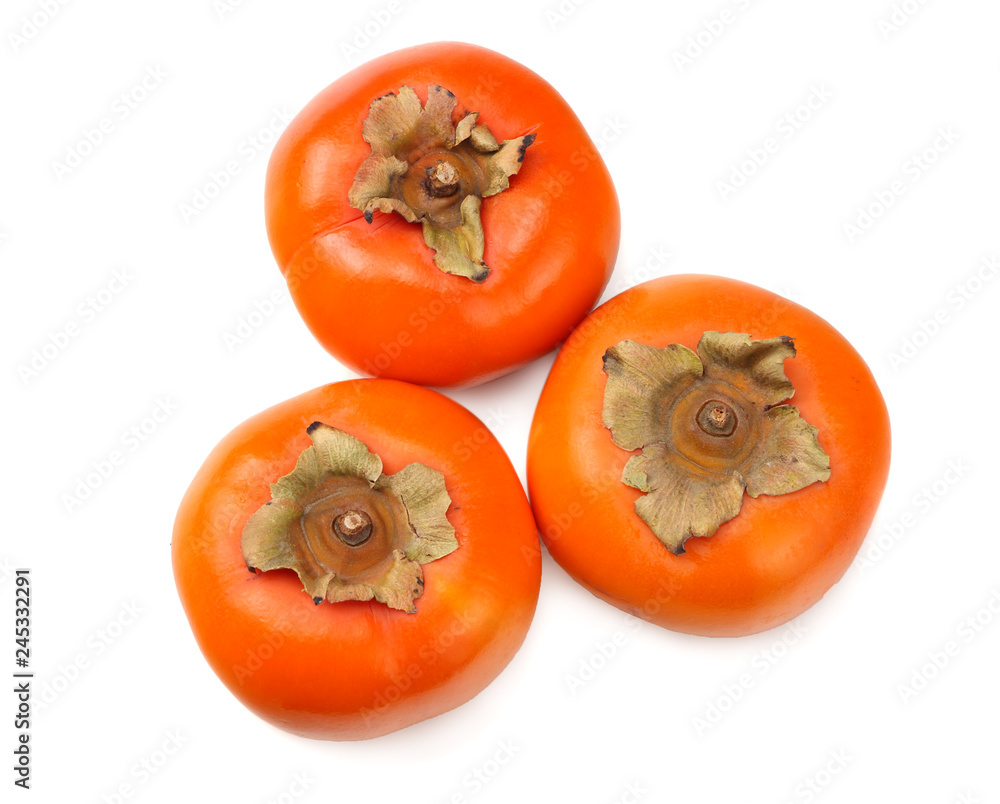 fresh ripe persimmons isolated on white background. top view fresh ripe persimmons isolated on white background. top view