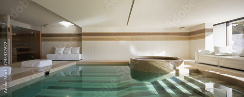 Indoor pool of private villa with lake view and bar area
