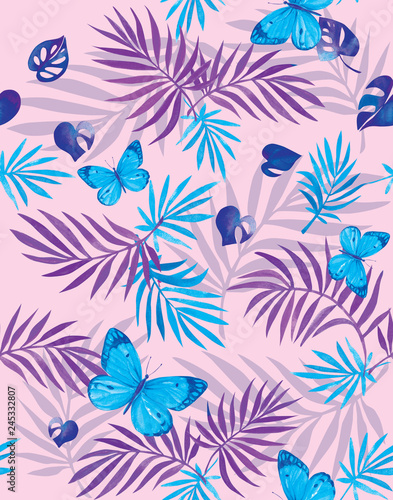  Watercolor pattern in neon color with blue butterflies and purple tropical leaves.