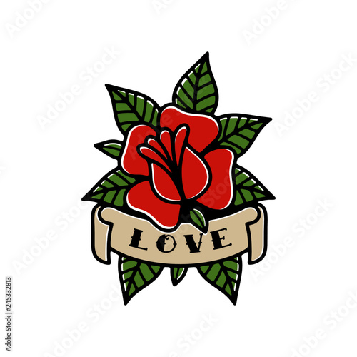ROSE AND RIBBON LOVE TRADITIONAL TATTOO COLOR WHITE BACKGROUND