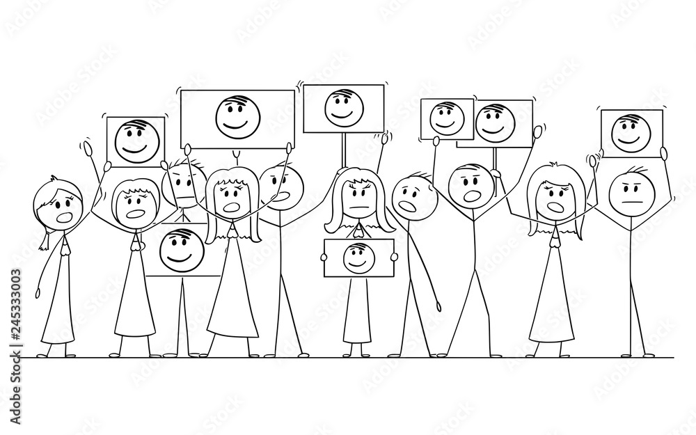 Cartoon stick figure drawing or illustration of group or crowd of  protesters demonstrating with portrait of politician or leader on signs.  Stock Vector | Adobe Stock