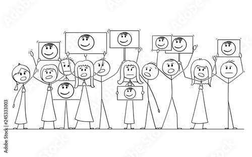 Cartoon stick figure drawing or illustration of group or crowd of protesters demonstrating with portrait of politician or leader on signs.