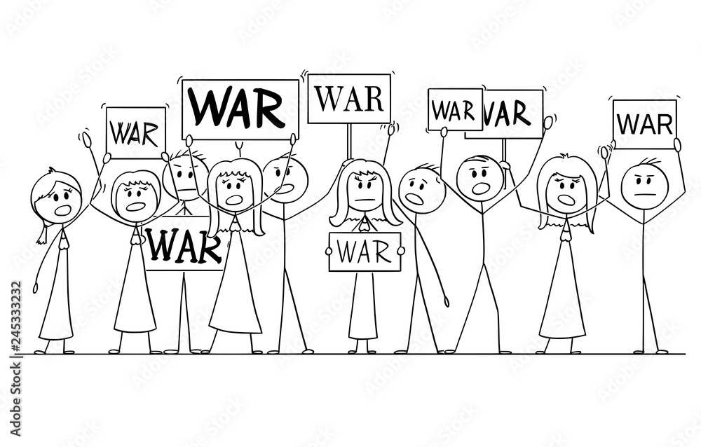 Cartoon stick figure drawing or illustration of group or crowd of protesters demonstrating with War text on signs.