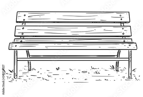 Cartoon Drawing illustration of empty park bench or seat made from metal and wood.