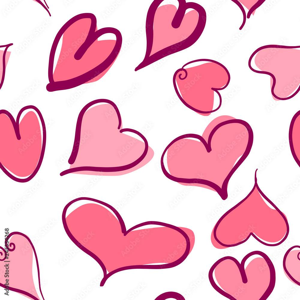 Abstract seamless pattern with pink hearts. Valentine hearts with hand draw