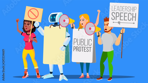 Robot Shouts Through Megaphone With People On Strike Vector. Isolated Illustration
