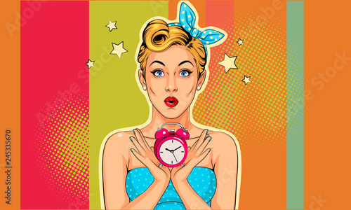 Beautiful pin up girl with alarm clock vector illustration in pop art style