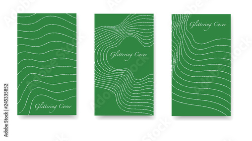 Shiny festive silver backgrounds. Round glittering confetti, festive tinsel, magic design for printing. Set of green, silver covers, templates, printing elements, cards. Glowing Vector Cover.