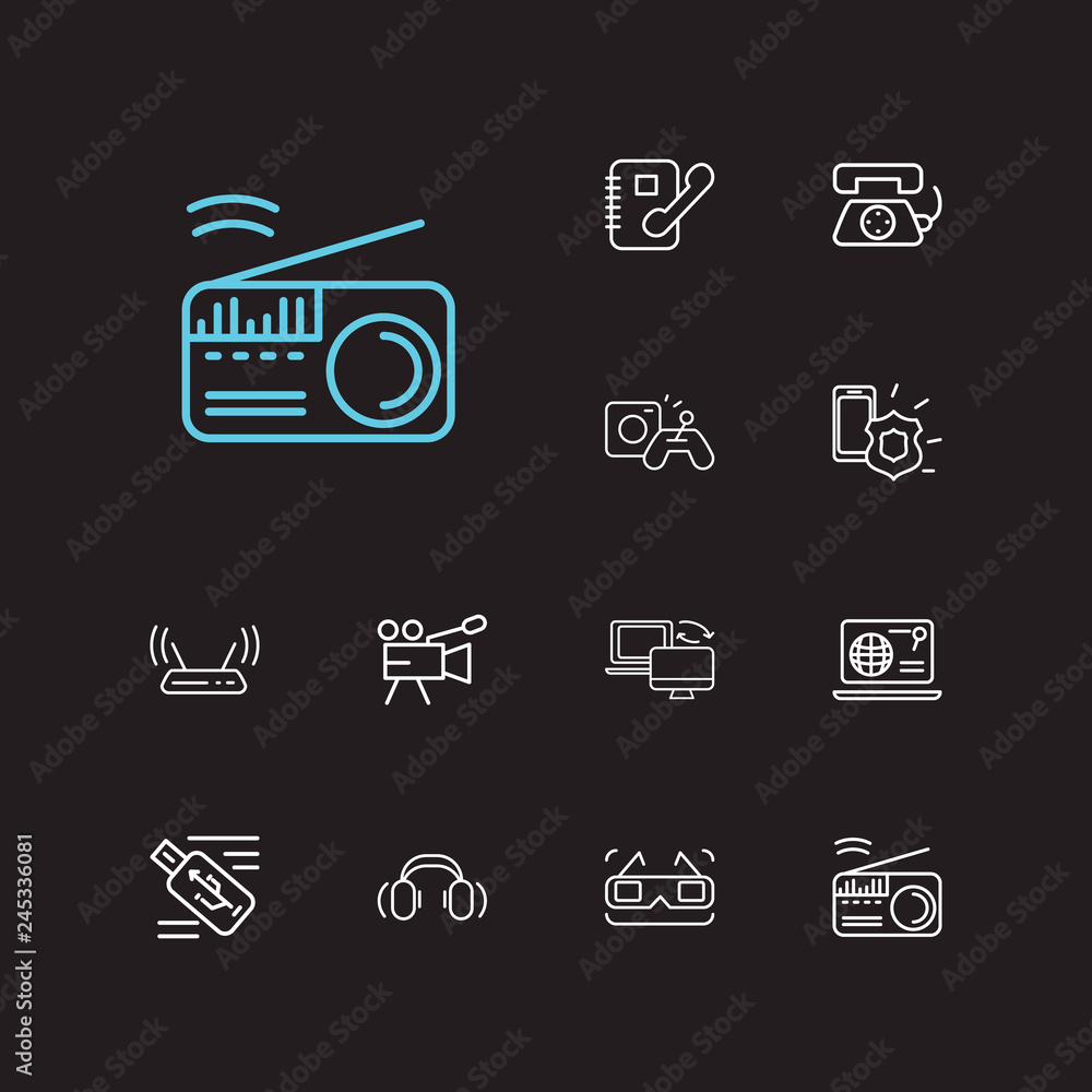 Hardware icons set. 3d glasses and hardware icons with video camera,  landing telephone, machine to machine. Set of audio for web app logo UI  design. Stock Vector | Adobe Stock