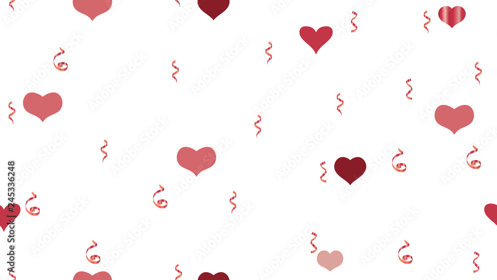 Vector Seamless Pattern on a White fond. The idea of packaging, textiles, wallpaper, banner, printing. Bright Pattern of Hearts and Serpentine. Falling Red confetti.
