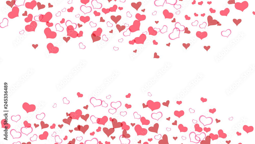 Red on White fond Vector. Happy background. Red hearts of confetti are flying. Design element for wallpaper, textiles, packaging, printing, holiday invitation for Valentine's Day.