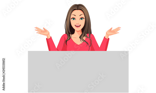 Beautiful women behind the blank board in excited expressions