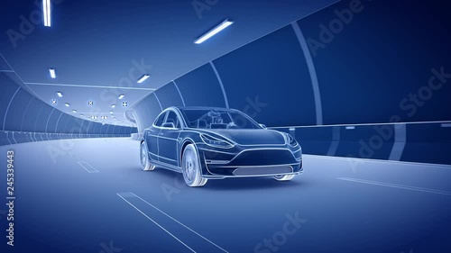 Modern Electric car rides through tunnel