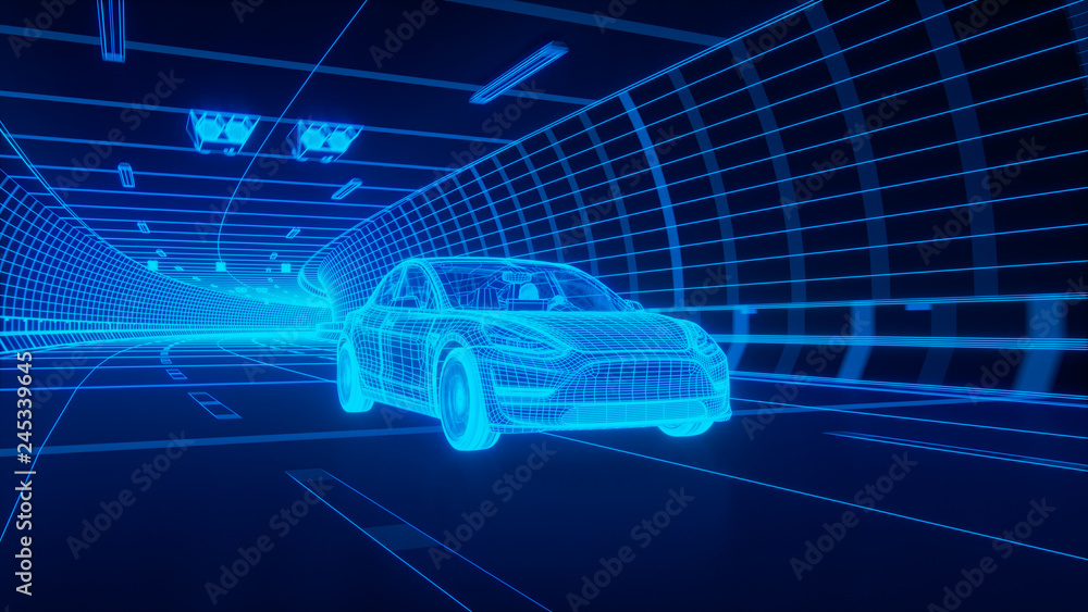 Obraz premium Blue wireframe Modern Electric car rides through Blue tunnel 3d rendering