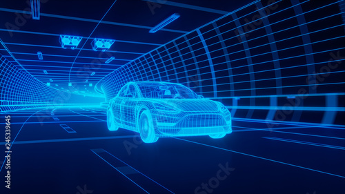 Blue wireframe Modern Electric car rides through Blue tunnel 3d rendering