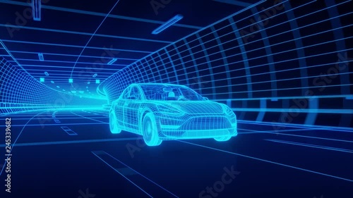 Blue wireframe Modern Electric car rides through Blue tunnel 3d rendering