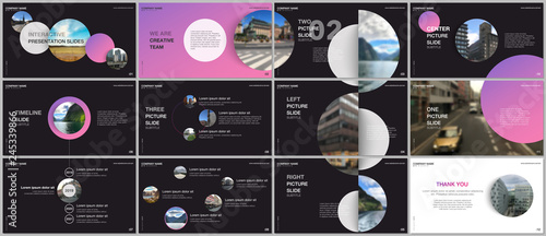 Minimal presentations design, portfolio vector templates with pink colorful circle elements on black background. Multipurpose template for presentation slide, flyer leaflet, brochure cover, report.