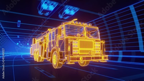 Yellow wireframe Fire Truck rides through Blue tunnel 3d rendering