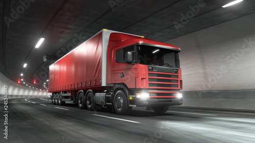 Trailer truck rides through tunnel 3d rendering