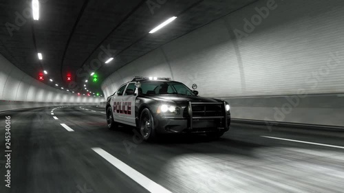 Police car rides through tunnel 3D RENDERING