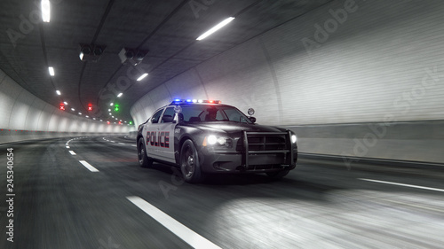 Leinwand Poster Police car rides through tunnel 3d rendering