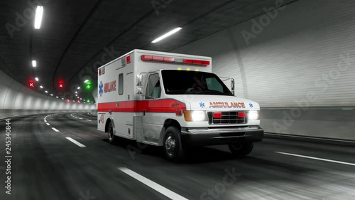 Ambulance car rides through tunnel 3d rendering