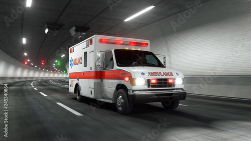 Ambulance car rides through tunnel 3d rendering