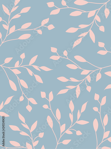 Elegant botanical background in pastel colors. Leaves and natural floral elements pink beige blue colors. Simple minimal style. Vector illustration.