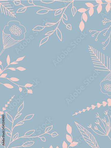 Elegant botanical background in pastel colors. Leaves and natural floral elements pink beige blue colors. Simple minimal style. Vector illustration.