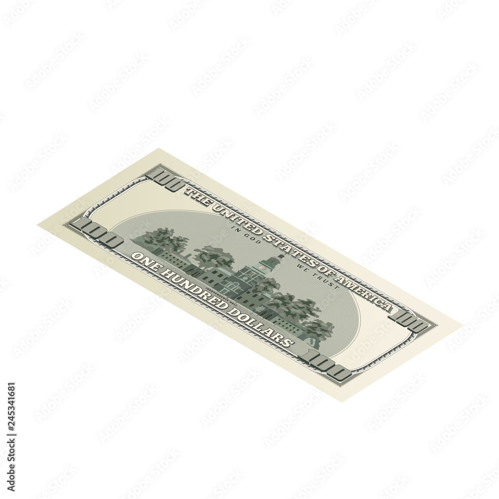 One hundred USA dollars banknote, back side coupure in isometric view on white One hundred USA dollars banknote, back side coupure in isometric view on white